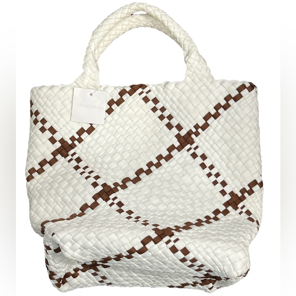 Woven Neoprene Handbag Soft Stylish Brown and Slightly Off White New Bindya